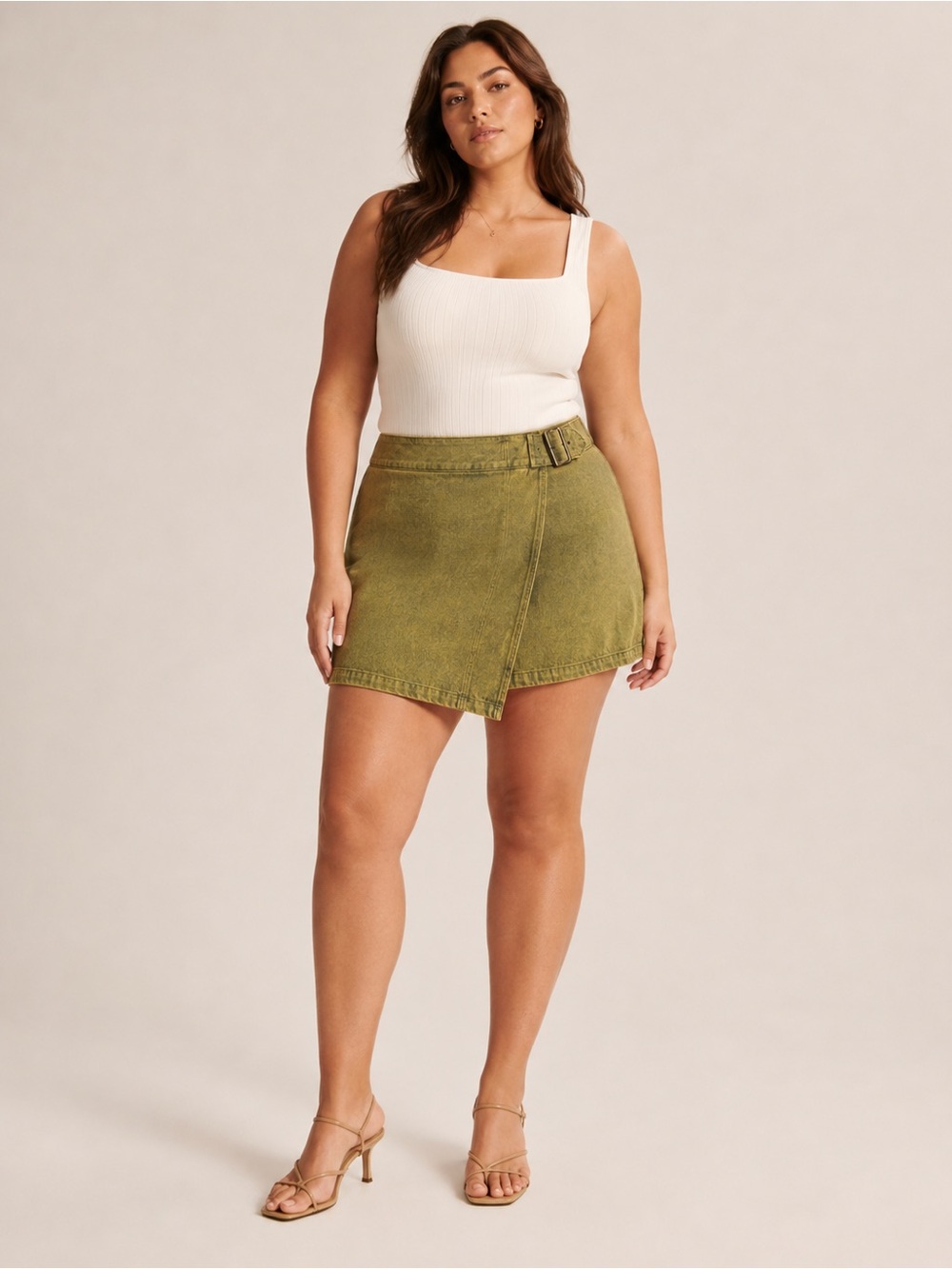 Chelsea & Violet Gold Olive Denim Mini Skirt Size L Buckle Wrap Front
